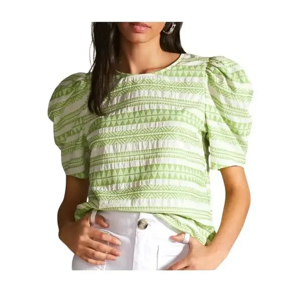 Anthropologie Amadi White Green Striped 100% Cotton Puff-Sleeve Casual Blouse