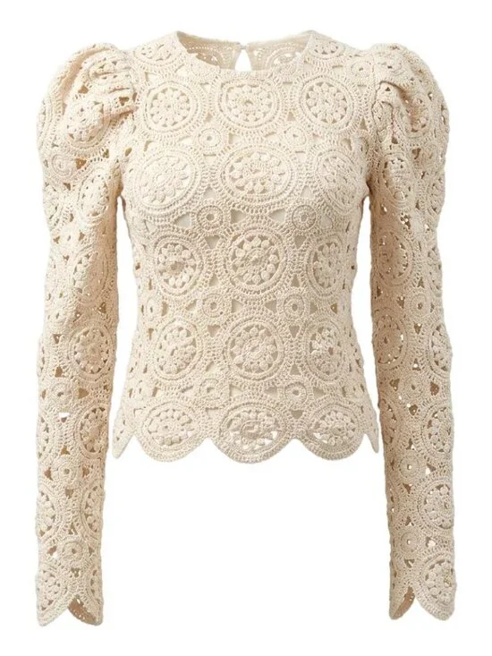 Zara Beige Crochet Lace Romantic Puff Sleeve Scalloped Hem Top Size S