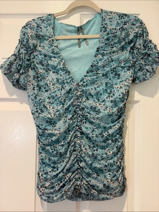 Anthropologie Teal Floral Ruched V-Neck Blouse