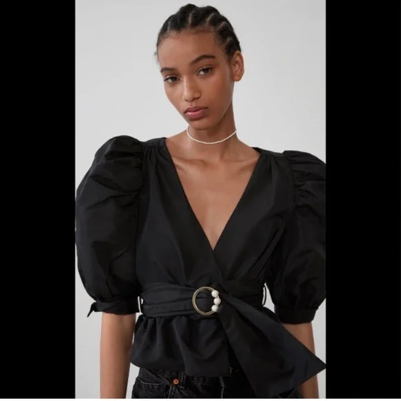 Zara Black Puff Sleeve Wrap Top with Pearl-Accent Belt