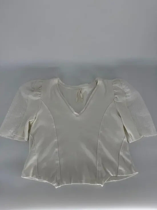 Anthropologie Womens XLP Ivory Rib Knit Puff Sleeve V Neck Swiss Dot Top Blouse