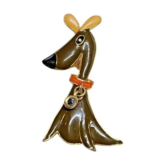 Vintage Dog Puppy Brooch Pin Brown Enamel Gold Tone Rhinestones Collar Charm
