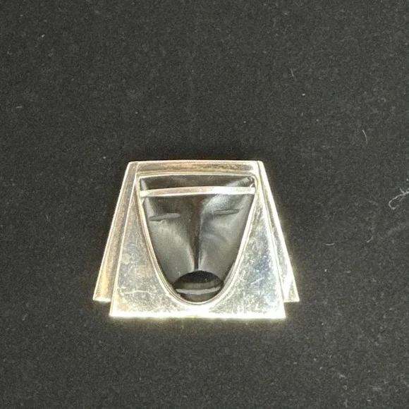 Fred Davis‎ Sterling Silver Obsidian Mask Brooch Mexico Vintage Modernist Pin