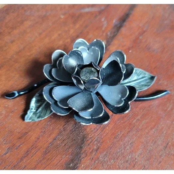 Coro Vintage Enamel Brooch Gothic Floral Pin Black & Silver Gray 1950s Botanical