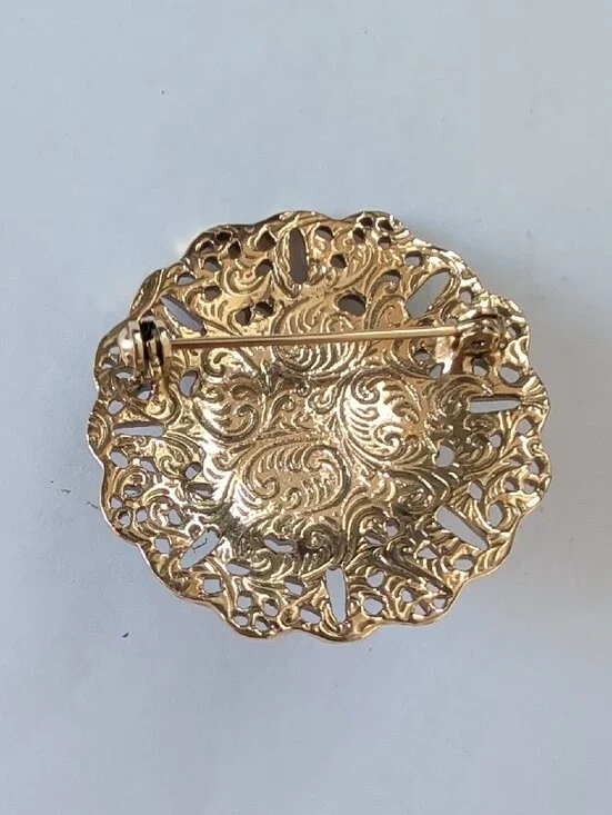 Vintage Gold Tone Filigree Brooch with Pink and White Floral Cabochon