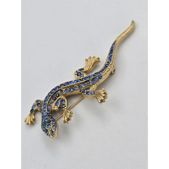 Vintage Gold Tone Blue Rhinestone Lizard Brooch Pin Animal Figural Jewelry‎