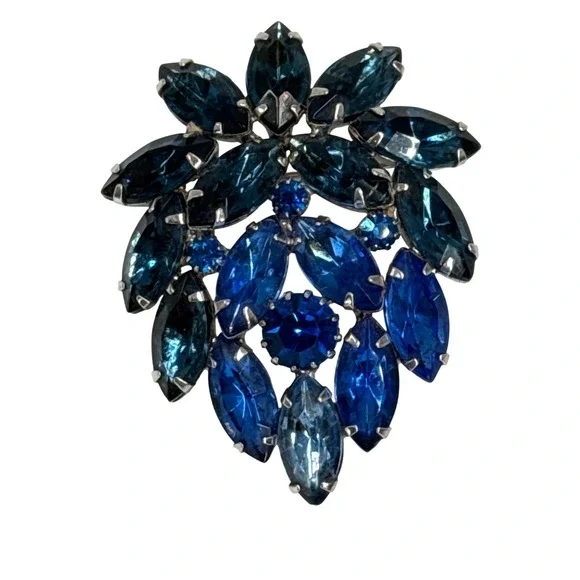 Juliana Blue Rhinestone Brooch Silver Tone Marquise Cobalt Cluster‎ Pin Dripping