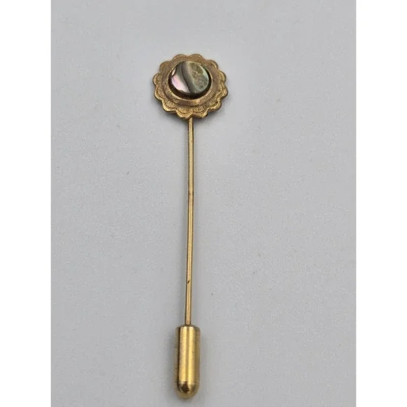 Vintage Gold Tone Scalloped Stick Pin Brooch with Iridescent Abalone Shell Inlay