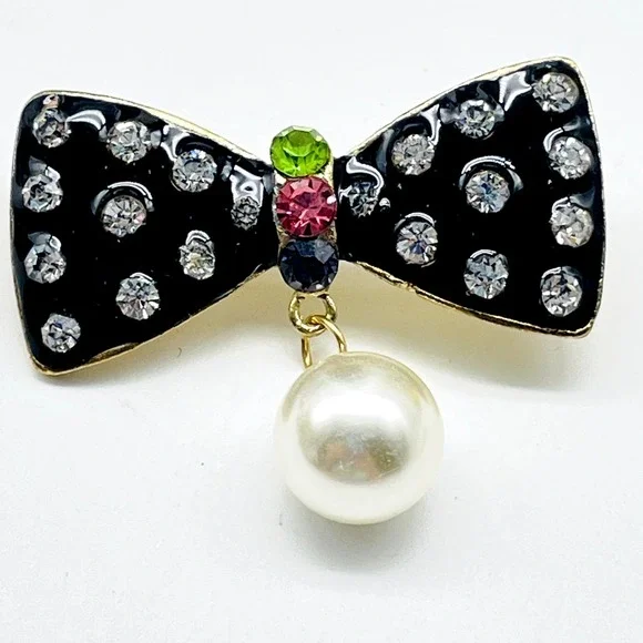 Signed Minnie Bow Brooch Pin Black with Rhinestones Faux Pearl Dangle Gold Tone