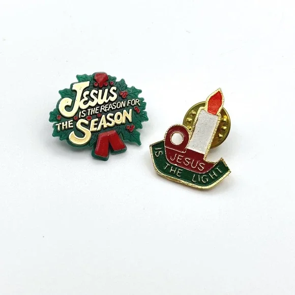 Jesus Is The Reason For The Season Christmas Lapel Pin Set Religious‎ Candle 2pc