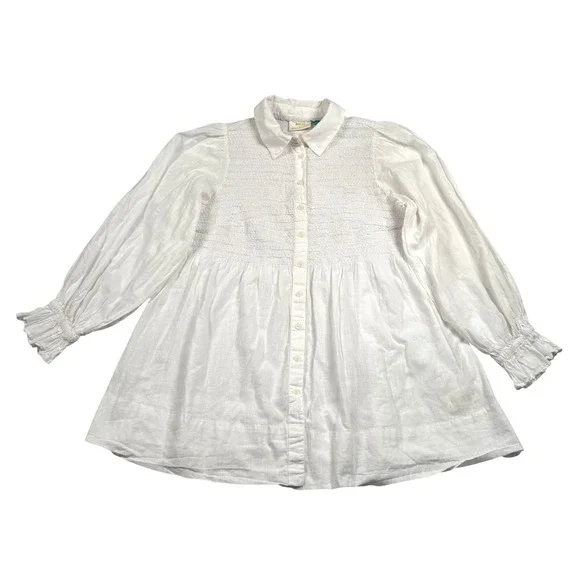 Anthropologie Maeve Smocked Tunic Buttondown Womens 1X White Puff Sleeve Shirt