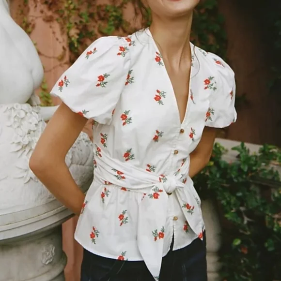 Anthtopologie Maeve Rosalie Embroidered Blouse White Poplin Cotton