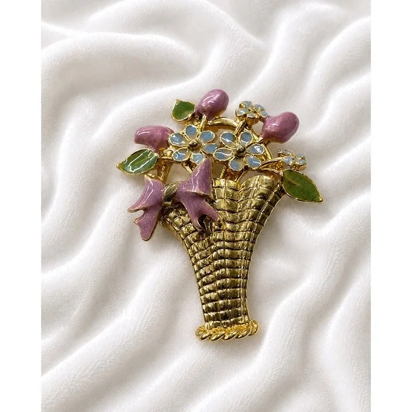 Unbranded Flower Basket Brooch‎ Gold Pink Excellent Enamel Floral Pin Cotagecore
