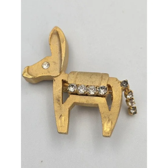 Vintage Gold Tone Donkey Burro Brooch Pin Clear Rhinestones‎ Democrat