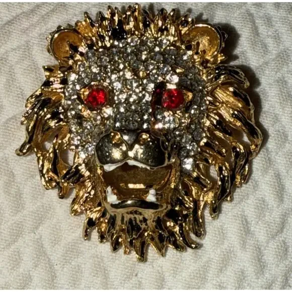 Vintage Gold Black Rhinestone Lion Head Brooch‎ Pin