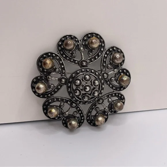 VTG Florenza Victorian Revival Ornate‎ Gunmetal Gothic Pin Brooch 1960s Rare