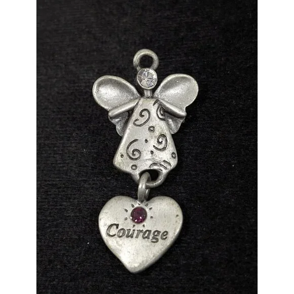 Vtg Gloria Duchin Pewter Angel Courage Charm Brooch Pin Pink Birhtstone‎