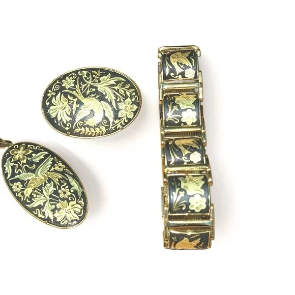 Vintage Toledo Style Damascene Bird Bracelet Brooch Pendant Set