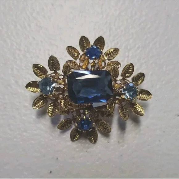 Gold Tone Blue Rhinestone Flower Cluster Brooch Made‎ In Austria