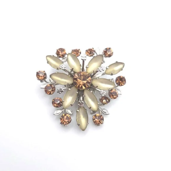 Vintage Floral Sunburst‎ Brooch Champagne Moonstone Amber Rhinestone Silver Tone