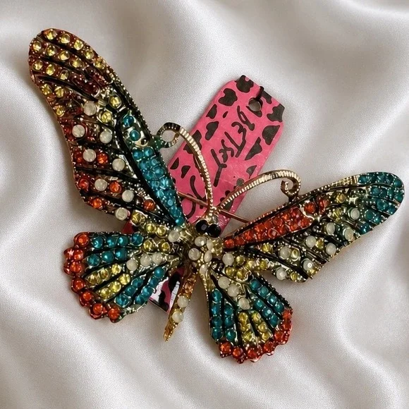 Betsey Johnson Multicolored Rhinestone Butterfly Brooch Gold Tone Statement Pin