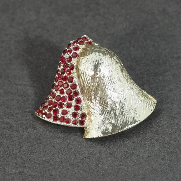 Vintage Christmas Bell Brooch Pin Red Rhinestone Pave Gold Tone Signed Holiday