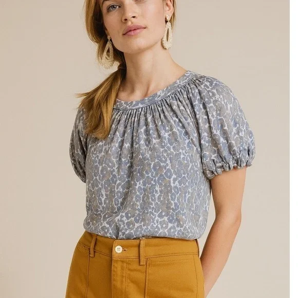 Maeve‎ Anthropologie Leopard Puff Sleeve 100% Linen Top Size S
