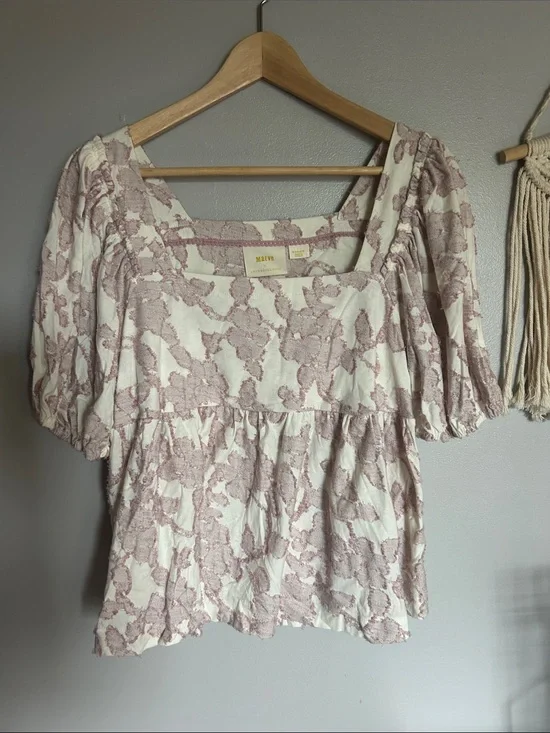 Anthropologie Cream Top with Dusty Rose Floral Jacquard