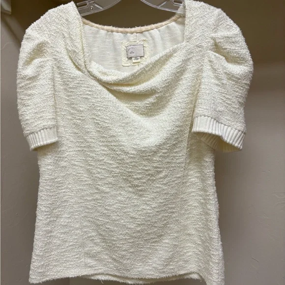 Anthropologie Cream Asymmetrical Textured Short-Sleeve Sweater