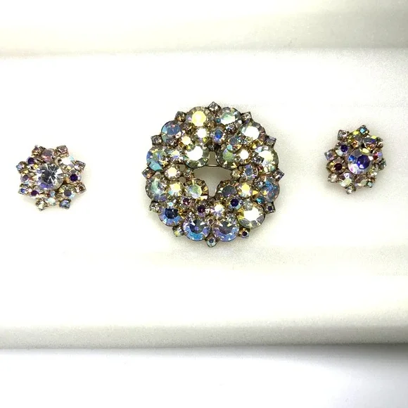 Brooch and Earring Set AB Aurora Borealis Rhinestones Large Vintage Prong‎ Set