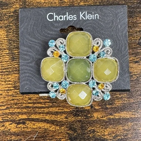 NWT CHARLES KLEIN‎ RHINESTONE BROOCH IN SHADES OF GREEN Aqua Orange rhinestone
