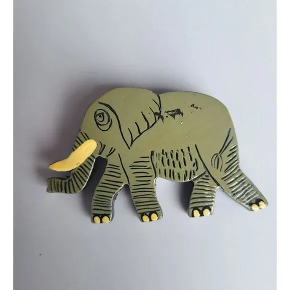 Artisan Hand Painted Elephant Pin Brooch Enamel on Wood 2.5 in