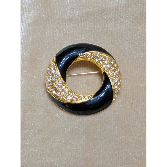 Napier Vintage Black Enamel Gold Tone Rhinestone Circle Brooch Pin 1.5‎ Inch