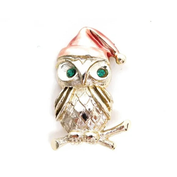 VINTAGE SIGNED TANCER II‎ RHINESTONE OWL CHRISTMAS HAT FIGURAL GOLD BROOCH PIN