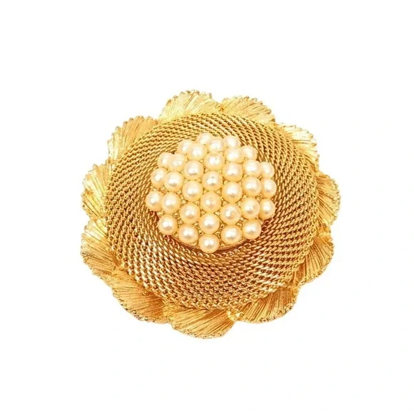 Vintage Round Tiered Mesh Dome Faux Pearl Gold Plated Pin‎ Brooch*1-7/8