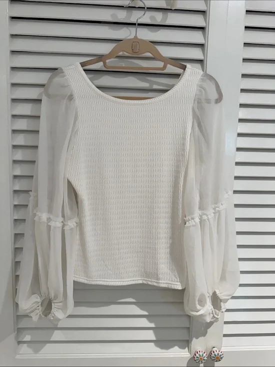 Anthropologie Ivory Puff-Sleeve Knit Blouse
