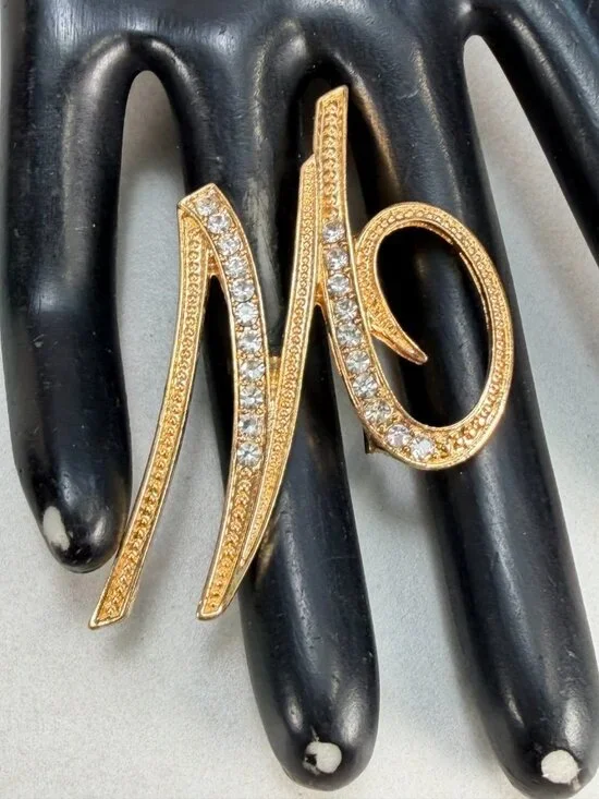 Vintage Letter M Monogram Brooch Gold Tone Clear Rhinestone Initial Pin