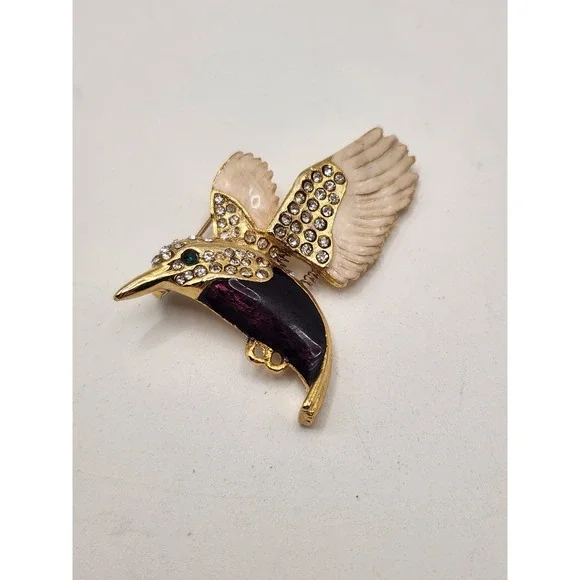 Gold Tone Purple Enamel Rhinestone Hummingbird Trembler Brooch Pin‎ Bird
