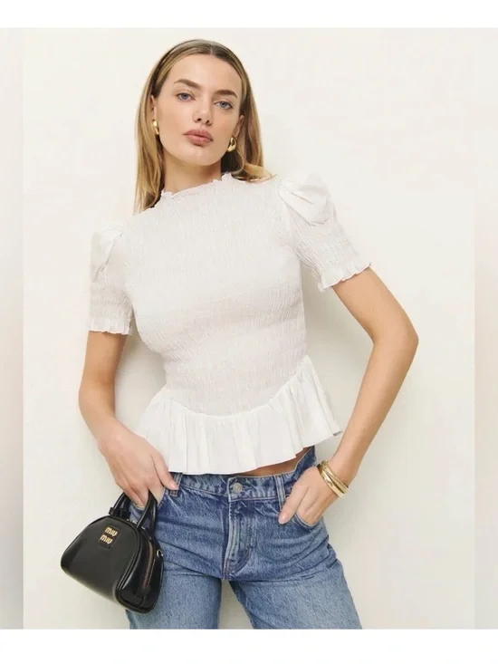 Reformation Smocked White Peplum Puff Sleeve Top