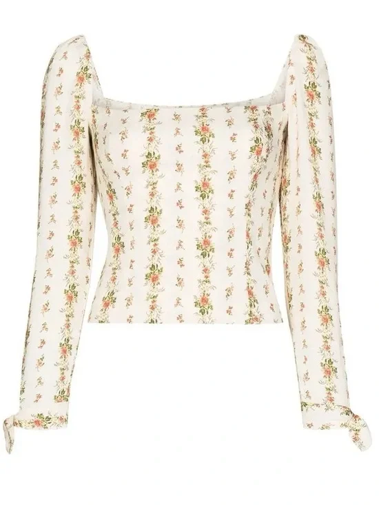 Reformation White Square-Neck Floral Long Sleeve Blouse