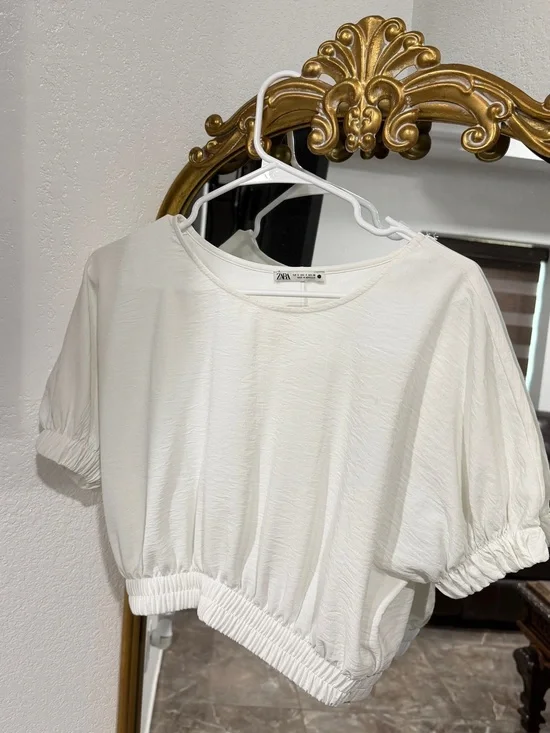 ZARA White Cropped Short-Sleeve Puff Top