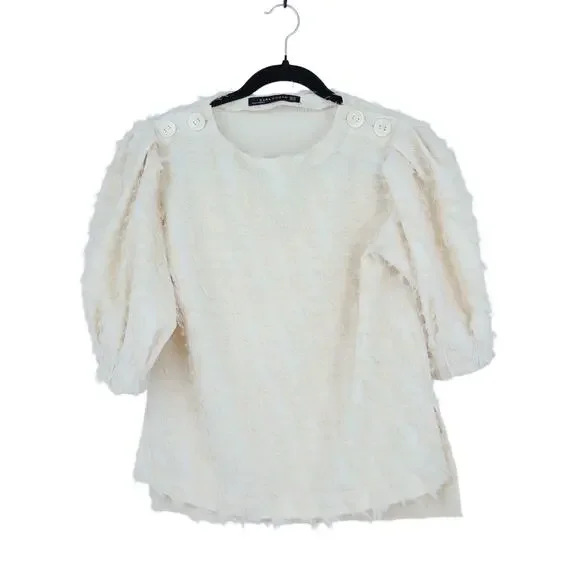 ZARA Fringe Jacquard Top Ivory Puff Sleeve Relaxed Fit Women's XS