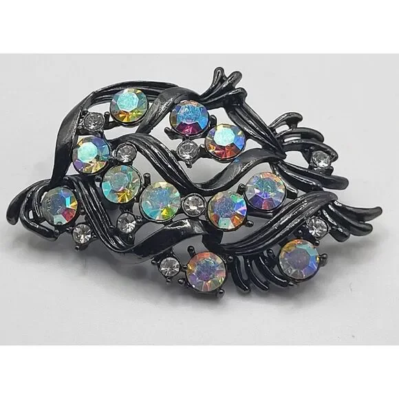 AB Rhinestone Gunmetal Brooch 2.5in