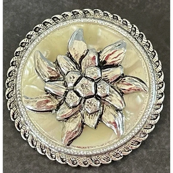 Vintage‎ Silver Circle Scarf Clip Mother Of Pearl Made in West Germany