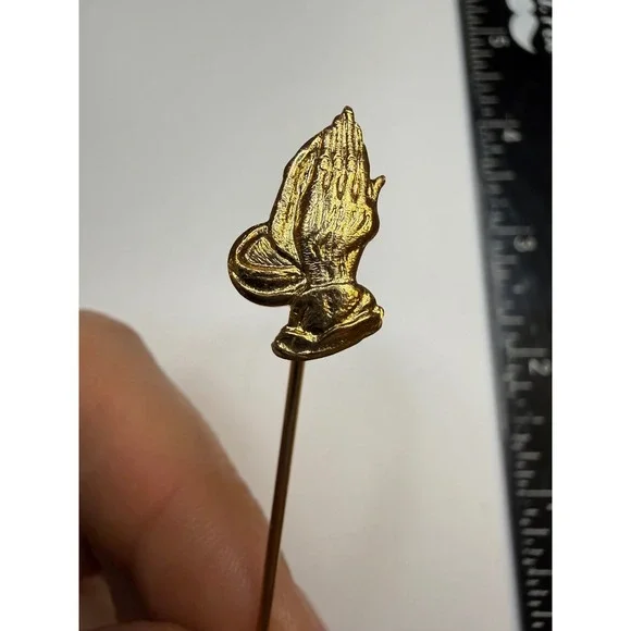 Vintage Praying Hands Stick Pin Gold Tone Religious Lapel Hat Pin 2.5 Inch