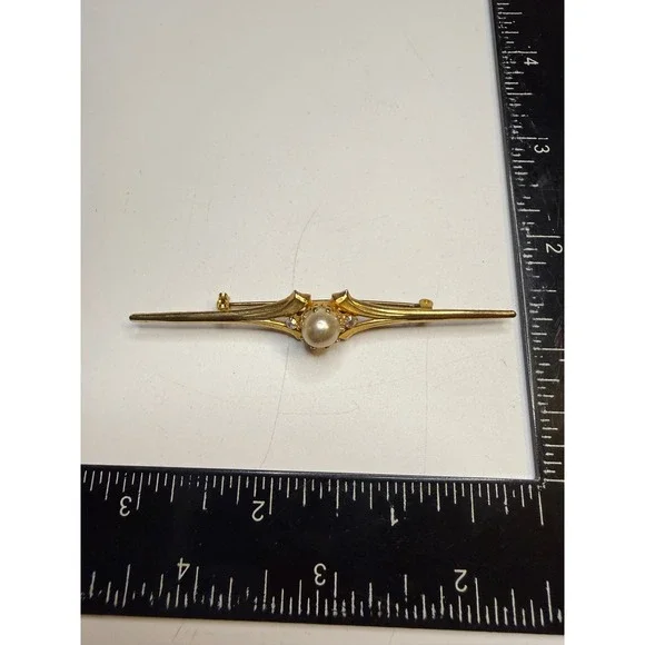Vintage Made in Austria Gold Tone Faux Pearl Aurora Borealis  Bar Brooch