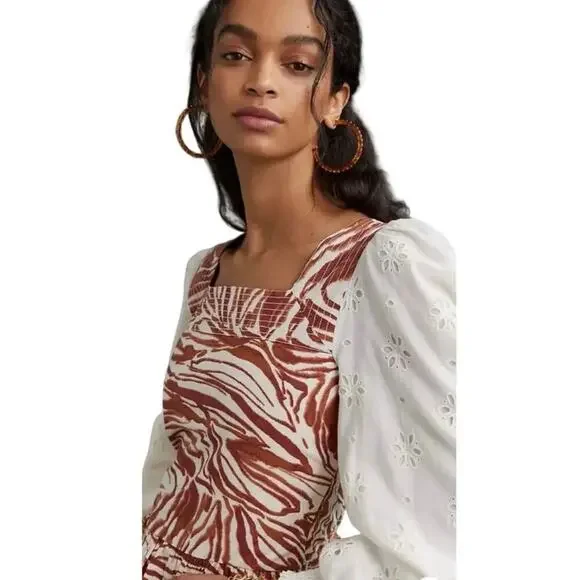 Anthropologie Love The Label Puff Sleeve Eyelet Smocked Top XS Boho Cottage
