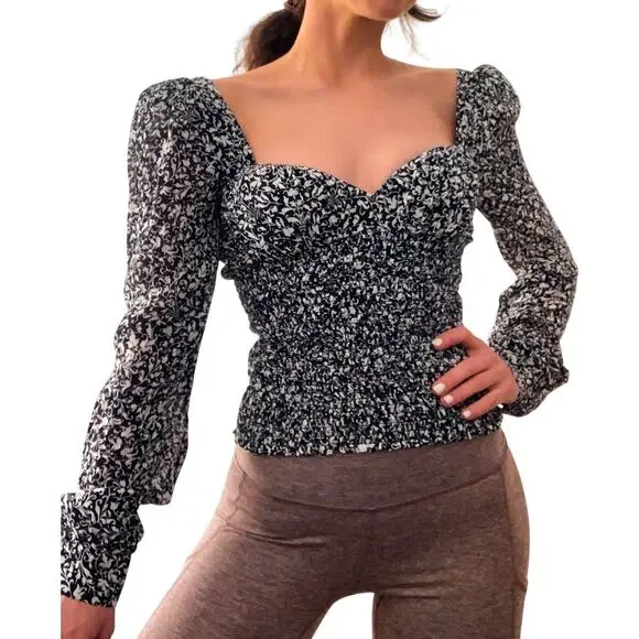 REFORMATION Floral Long Sleeve Smocked Top
