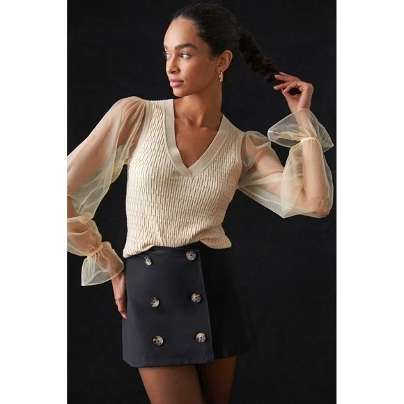 Anthropologie‎ NWT Sheer Sleeve V-Neck Sweater