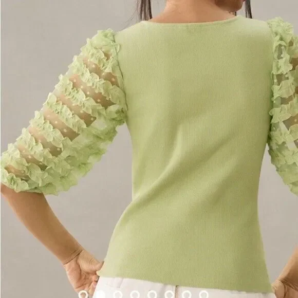 Anthropologie Dolan Top Knitted Puff Sleeve Pullover Beige Sz XL